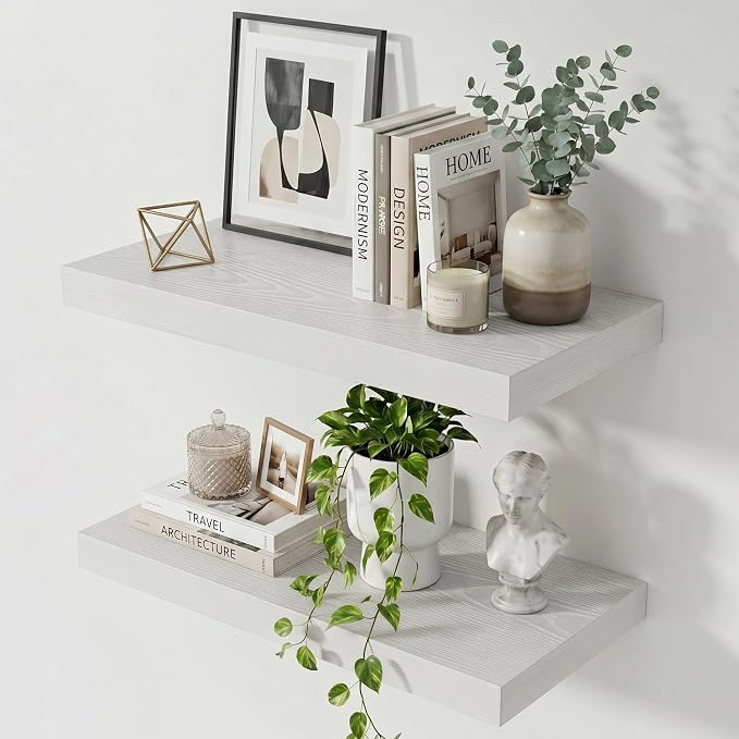 Acovy 24 Inch Floating Shelves for Wall,12" Deep Floating Shelf Set of 2 with Invisible Brackets,Rustic Farmhouse Wall Mounted Shelf for Kitchen,Bathroom,Living Room,Bed Room,White