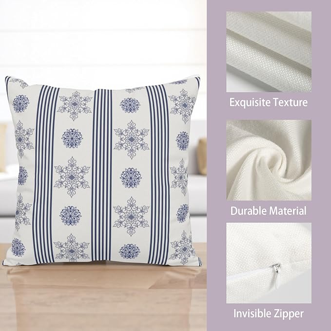 Winter Pillow Covers Blue and White Porcelain Blue Snowflakes Striped Throw Pillow Covers Navy Blue Floral Pillowcase 22x22 Set of 2 Neutral Cushion Case for Couch Sofa