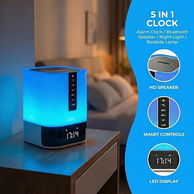 Hetyre Night Light Bluetooth Speaker, 5 in 1 Touch Control Bedside Lamp Dimmable Multi-Color Changing, Bedroom Alarm Clock, Best Birthday Gift Ideas for 10 11 12 13 14 Year Old Teenage Girls/Boys