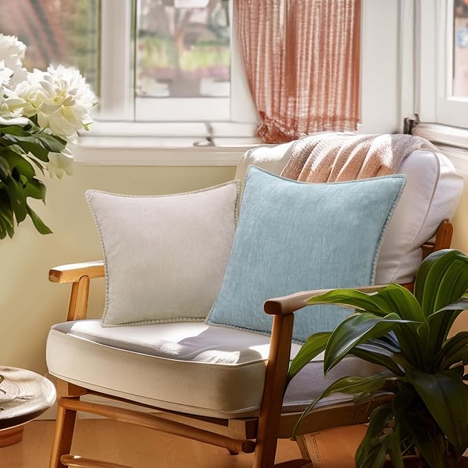decorUhome Summer Chenille Soft Cozy Throw Pillow Covers 20x20 Set of 2, Modern Farmhouse Boho Velvet Decorative Pillow Cases with Stitched Edge for Couch Sofa Bed Home Decor, Aqua Haze