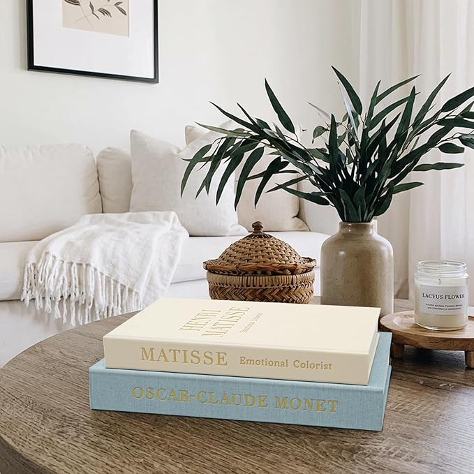 Decorative Books for Home Decor - Stackable Fake Books Storage Box for Coffee Table - Set of 2 Linen Faux Books Double as Libros Decorativos and Photo Storage, Blue