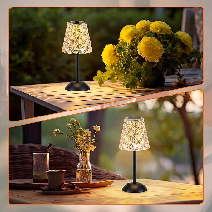 Liliful 2 Pcs Cordless Table Lamp Rechargeable Touch LED Small Gold Portable Battery Operated USB-c Desk Lamp 3 Color Dimmable for Bedroom Living Room Dining (Black,Diamond Style)