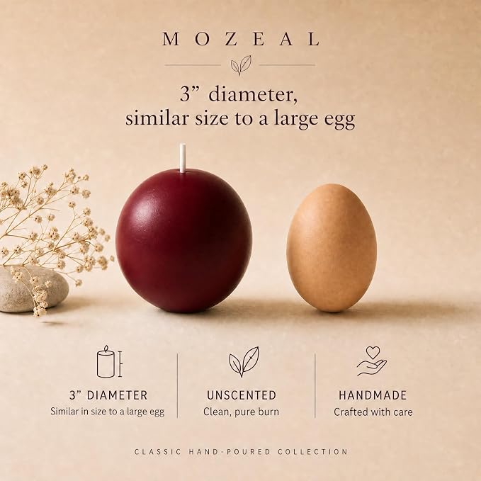 MOZEAL Hand-Poured, 3 Inch Dark Red Round Ball Candles - Elegant Dark Red Round Pillar Candles Set of 3, Dripless, Unscented, Smokeless, Ideal for Intimate Gatherings.