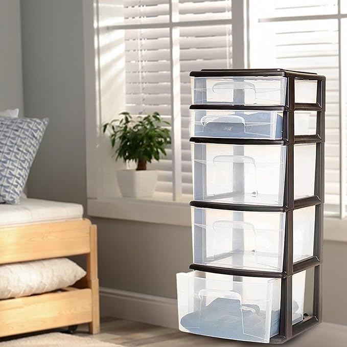 HOMZ Drawer Tower, 5-Tier Clear Plastic Storage Organizer Unit, Black Frame - Multi-Purpose Container Drawers for Bedroom, Bathroom, and Office Organization