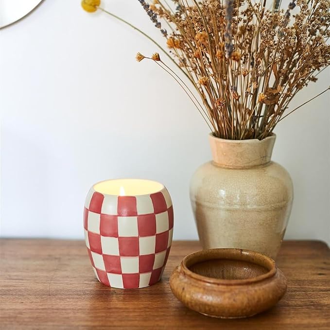 Paddywax Checkmate Hand Painted Scented Candle in Reusable Porcelain Jar, Clean-Burn Soy Candle with Approx. 55 Hour Burn Time, Decorative Gift Candles for Home, Rose + Santal, 11 oz