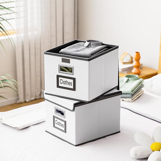 File Organizer Box with Lid, Collapsible Faux Leather Hanging File Folder Box Organizer with Plastic Slides, Decorative Home/Office Filing System Boxes for File and Folders Storage