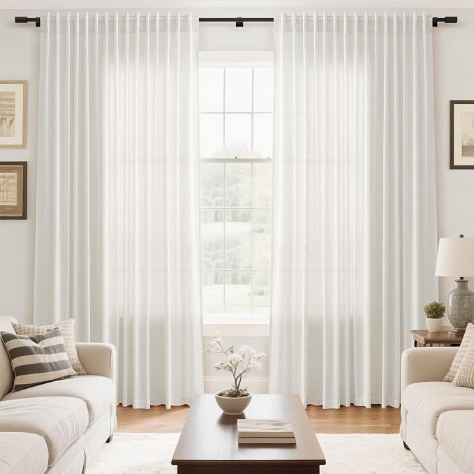 Nanspring Extra Wide Beige White Curtains for Living Room 90 Inches Long Semi Sheer Curtain for Coastal Room Decor Linen Farmhouse Drapes for Bedroom Back Tab and Rod Pocket 100x90, 2 Panels