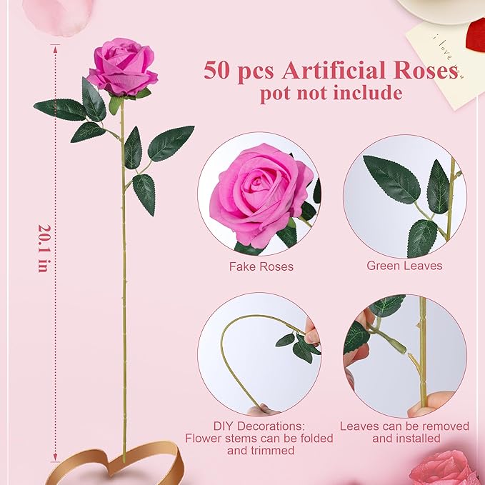 HyeFlora 50 PCS Roses Artificial Flowers, Fake Roses with Stem Realistic Hot Pink Silk Rose for DIY Wedding Bouquets Table Centerpieces Arrangements Baby Shower Birthday Home Decor for Her