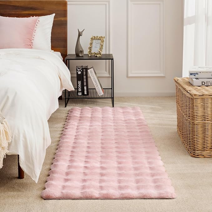 Ashler Faux Rabbit Fur Rug, Pink 2x3 FT Fluffy Soft Area Rug, Rectangle Fuzzy Carpet for Living Room, Bedroom, Machine Washable - 3D Bubble Rug