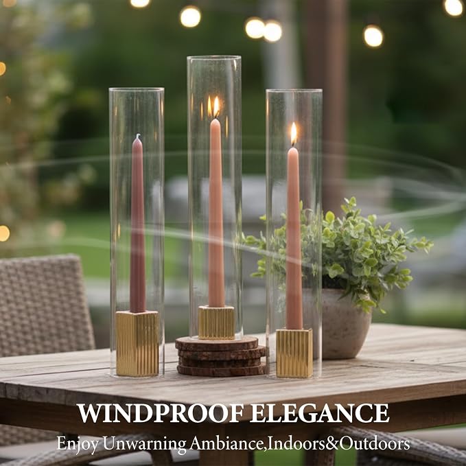 LETINE 14" Tall Hurricane Candle Holders with Gold Ribbed Taper Candle Holders Set of 3– Bulk Windproof Taper Candle Hurricane Glass for Outdoor&Indoors Wedding Centerpiece, Event & Home Decor