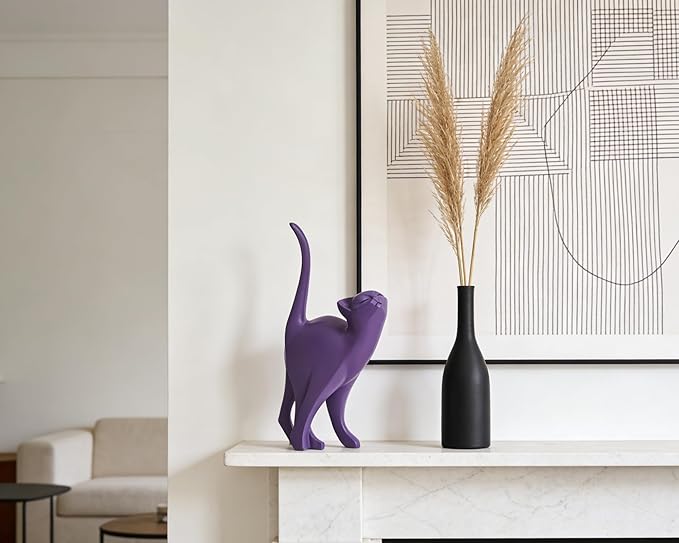 Purple Cat Statue Modern Abstract, Home Office Shelf Decor, 7-Inch Vibrant Assorted Colors, Easy to Match Any Decor Style