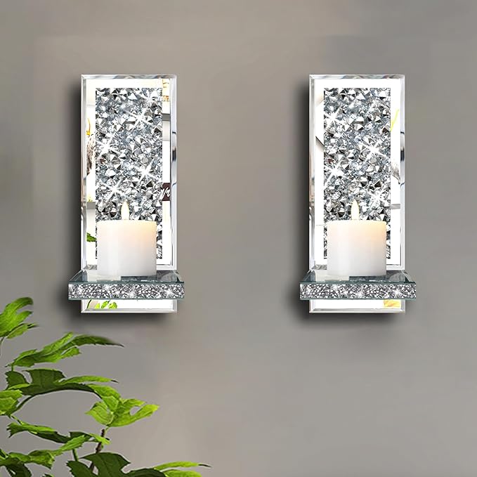 ZOLAPI Set of 2 Crystal Crush Diamond Candle Sconces, Gorgeous Silver Mirrored Wall Sconce, Candle Holder Glass Wall Decorations for Home Décor, Living Room, Dining Room. 1A