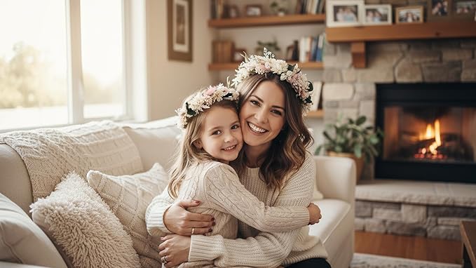 Preserved Natural Dried Flower Crown Rustic Wedding Wreath Headband Pink and White Bohemian Floral Hair Garland for Children Kids Family Photo Shoot,Birthday Party Little Bridesmaids Flower Girls