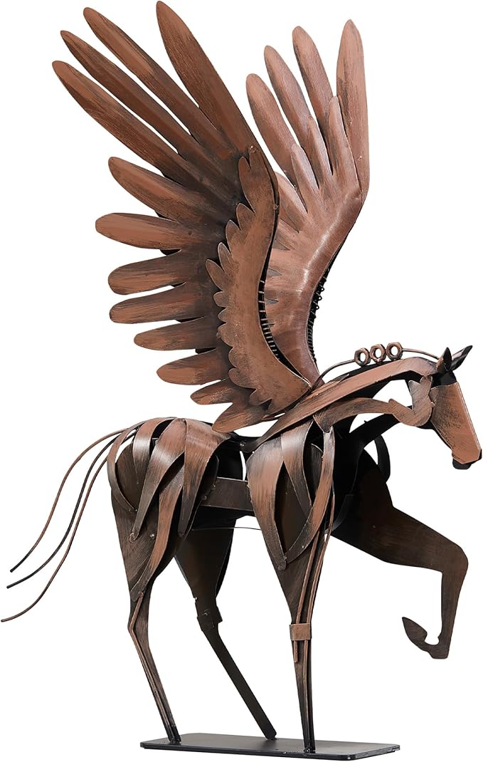 SunBlogs Art Horse Statue Décor Artwork, 24" H Handmade Metal Pegasus Greek Flying Horse Sculpture, Hand-Painted Animal Figurines for Home Living Room Office (Vintage Brown with Wings)