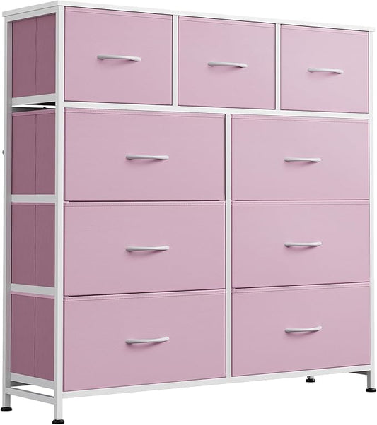 WLIVE 9 Drawer Dresser, Fabric Storage Tower for Bedroom, Hallway, Closet, Tall Chest Organizer Unit for Bedroom with Fabric Bins, Steel Frame, Wood Top, Easy Pull Handle, A-Pink