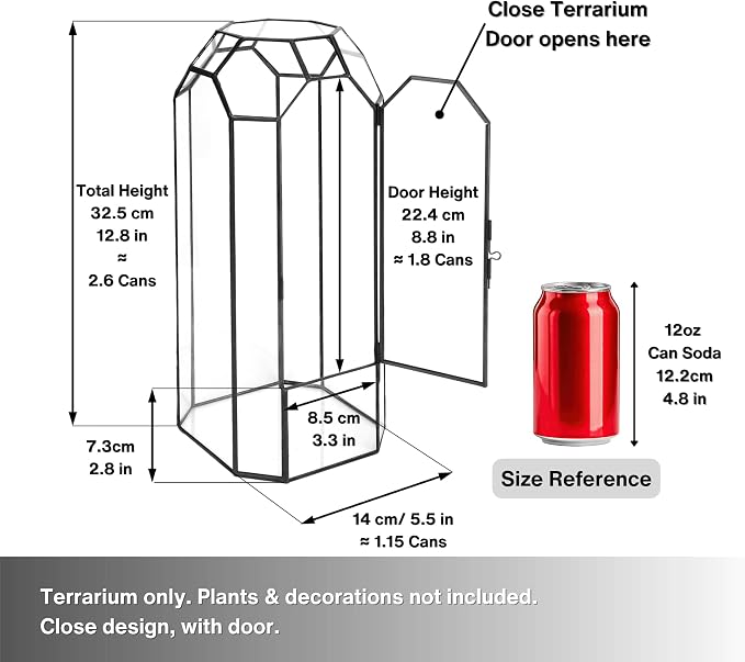 NCYP Glass Geometric Octagon Plant Terrarium with Door 5.5"x5.5"x12.8" | Indoor Vintage Planter for Tall Plants, Orchid, Small Begonia Pitcher, Home Garden Office Tabletop Decor (Terrarium Only)