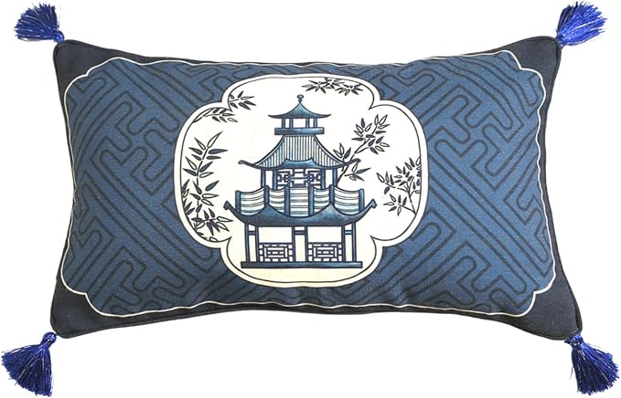bilin gaier Designer Vintage Linen Throw Pillow Cover,20"x12"-Suqing B | Chinoiserie Elegant Rectangular Blue Pillow Cover,Concealed Zipper,Sofas,Bedroom,Living Room,Dining,Lounge Chairs