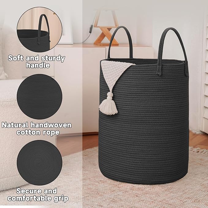 JMvicyroam Large Woven Laundry Basket Hamper,60L Cotton Rope Storage Bin for Blankets,Toys and Clothes,Decorative Tall Nursery Hamper for Living Room,Baby Nursery,Bathroom and Bedroom,Black