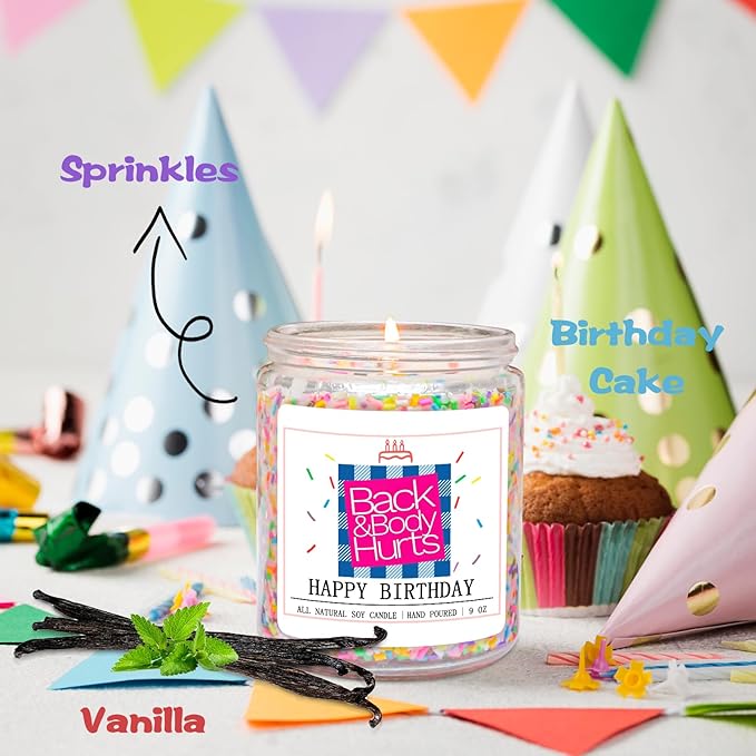 Homsolver Birthday Candles Gifts for Her and Him, Birthday Gifts for Women Men, Unique Best Friend Gift Ideas -Back & Body Hurts Happy Birthday Candle