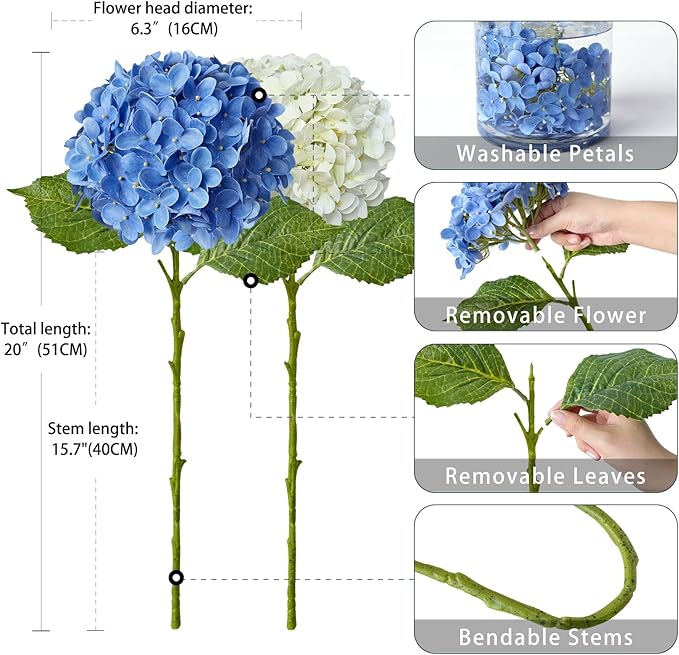 ZYTUYO 4 Pcs 20'' Real Touch Hydrangea Artificial Flowers Boho Lifelike Real Looking Latex Hydrangeas Flower with Long Stem for Baby Shower Indoor Home Decor Spring Table Centrepiece 2 Blue 2 White