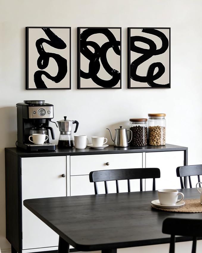 PHOPAGO Black Abstract Modern Framed Wall Art Ink Wash Minimalist Thick Black Lines Paints Artwork Bedroom Living Room Home Decor - 12x16in Black Framed