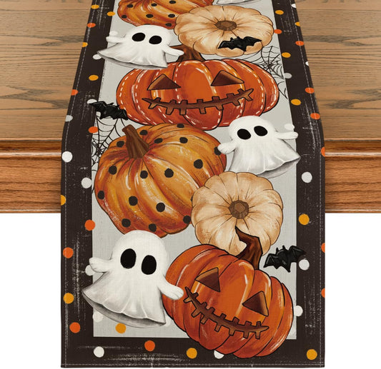 Artoid Mode Jack-O'-Lantern Pumpkin Ghost Spider Web Halloween Table Runner,Holiday Kitchen Dining Table Decoration for Home Party Decor 13 x 36 Inch