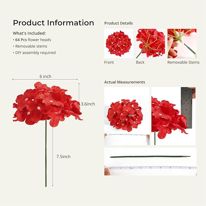 Auihiay 64pcs Hydrangea Artificial Flowers, Red Fake Hydrangea Flowers with Stems, Artificial Hydrangea Flowers for Wedding Centerpieces, Home Garden Party Decoration (Red)