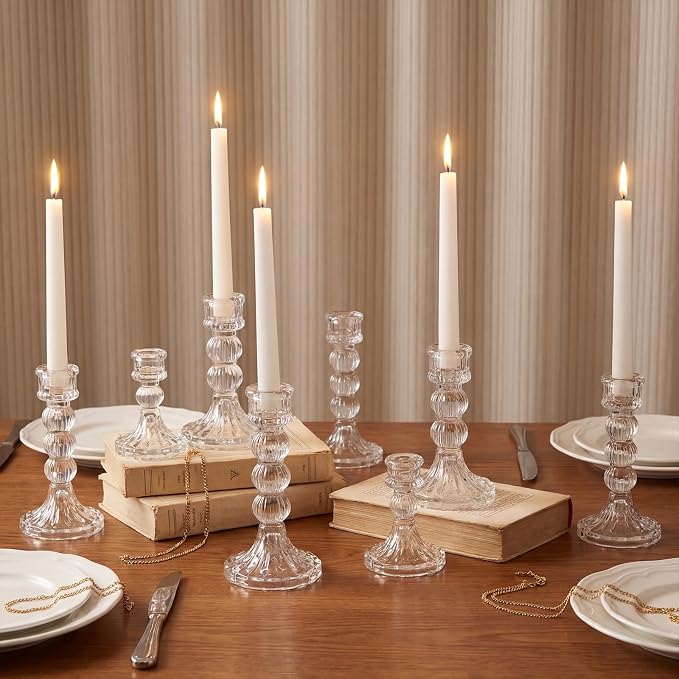 Mumufy 12 Pack Glass Taper Candle Holders Clear Candlestick Holder Fit 0.8 Inch Candles 4'' 6'' 8'' Tall Crystal Decorative Candlestick Stand Centerpiece for Table Wedding Dining Party (Vertical)