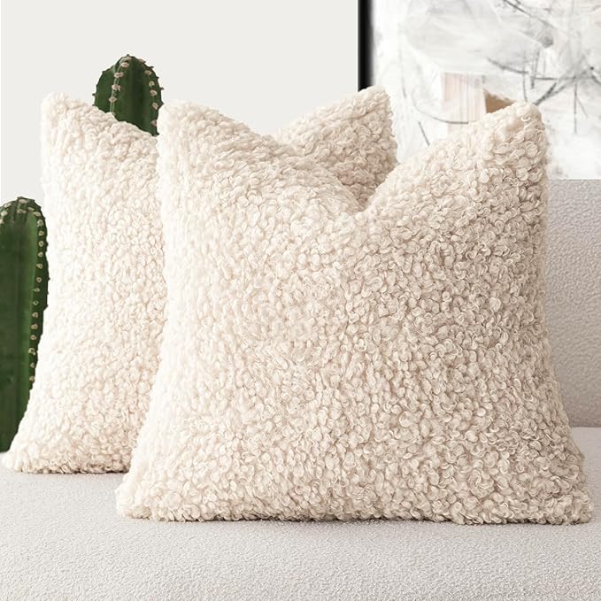 Foindtower 2 Pieces 26x26 Inch Cream Beige, Faux Fur Throw Pillow Cover Accent Sherpa Furry Pillow Covers Fuzzy Soft Pillowcases Cozy Sheepskin Decorative Fleece Cushion Case for Bed Couch Living Room