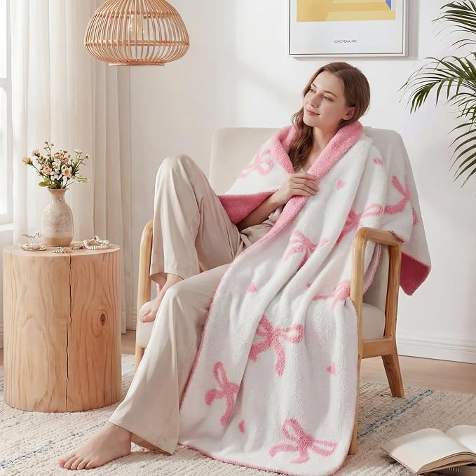 WRENSONGE Soft Throw Blanket for Couch-Cozy Reversible Knitted Blankets | Lightweight Warm Fluffy Decor for Women, Mom, Her & Girls, Sofa, Chair, Bed, 50x60in,Bubble Bowknot Pink