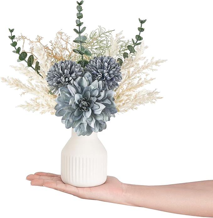 Mkono Small Artificial Flowers in Ceramic Vase 12.5" Centerpieces Coffee Table Decor, Silk Flower Arrangements for Home Decor Indoor Fake Flower Bouquet for Bathroom Dining Room Kitchen Wedding Blue