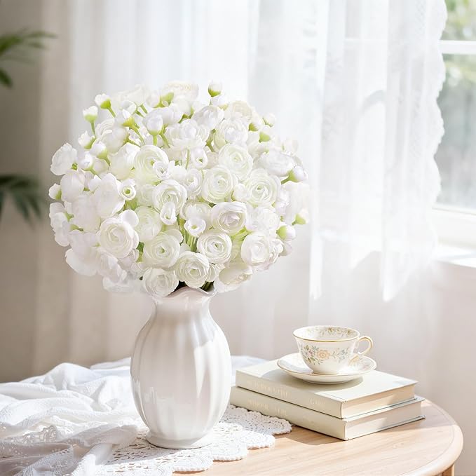 Alupssuc 30Pcs Ranunculus Artificial Flowers Faux Silk Mini Ranunculus, Spring Flowers Artificial Indoor for DIY Bouquets, Bulk Fake Wedding Filler Flowers for Bride Shower Decorations, Ivory White