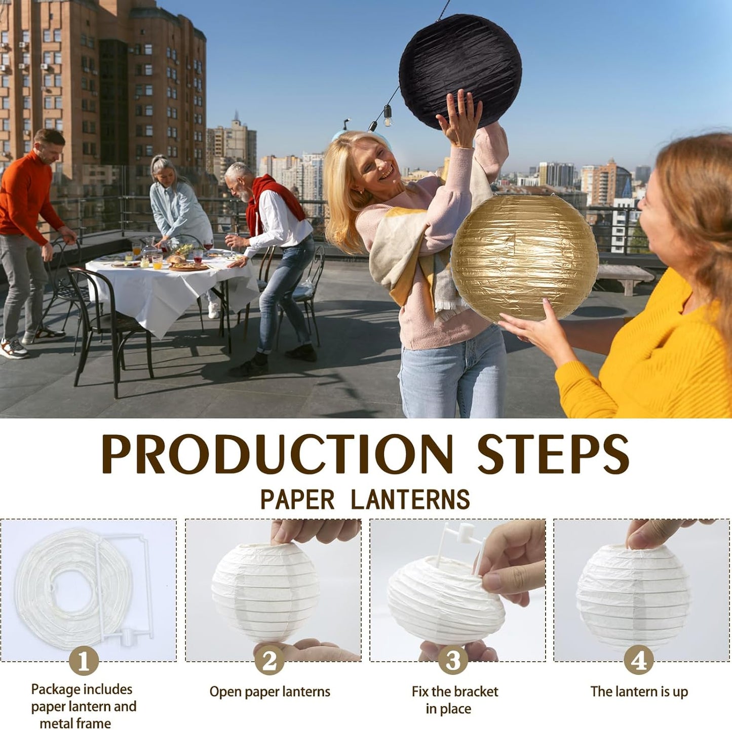 15pcs Paper Lanterns Black Gold Round Hanging Chinese Paper Lanterns 4" 6" 8" 10" 12" for Bachelorette Engagement Wedding Baby Bridal Birthday Party Decorations