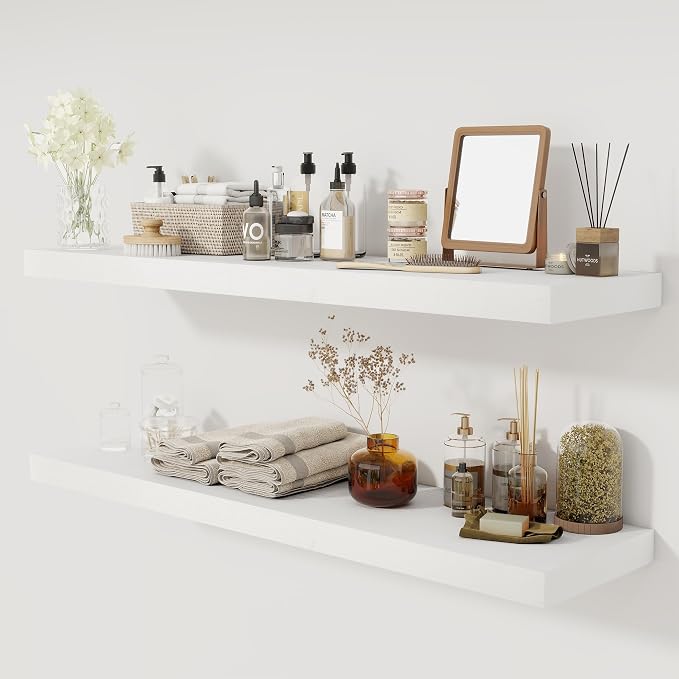 Fun Memories 48inch Floating Shelves, 12" Deep Wall Shelves for Storage and Home Decor, White Wall Shelves for Living Room Bedroom Bathroom Kitchen Laundry Room, Set of 2