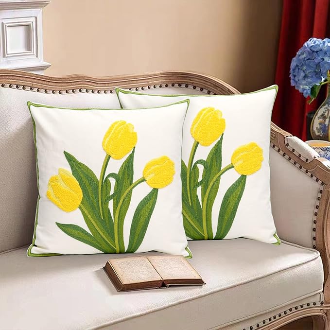 Pack of 2 Embroidered Decorative Throw Pillow Cover 18x18 Inch Farmhouse Floral Pillowcase for Living Room Sofa Bed (Yellow Tulip)