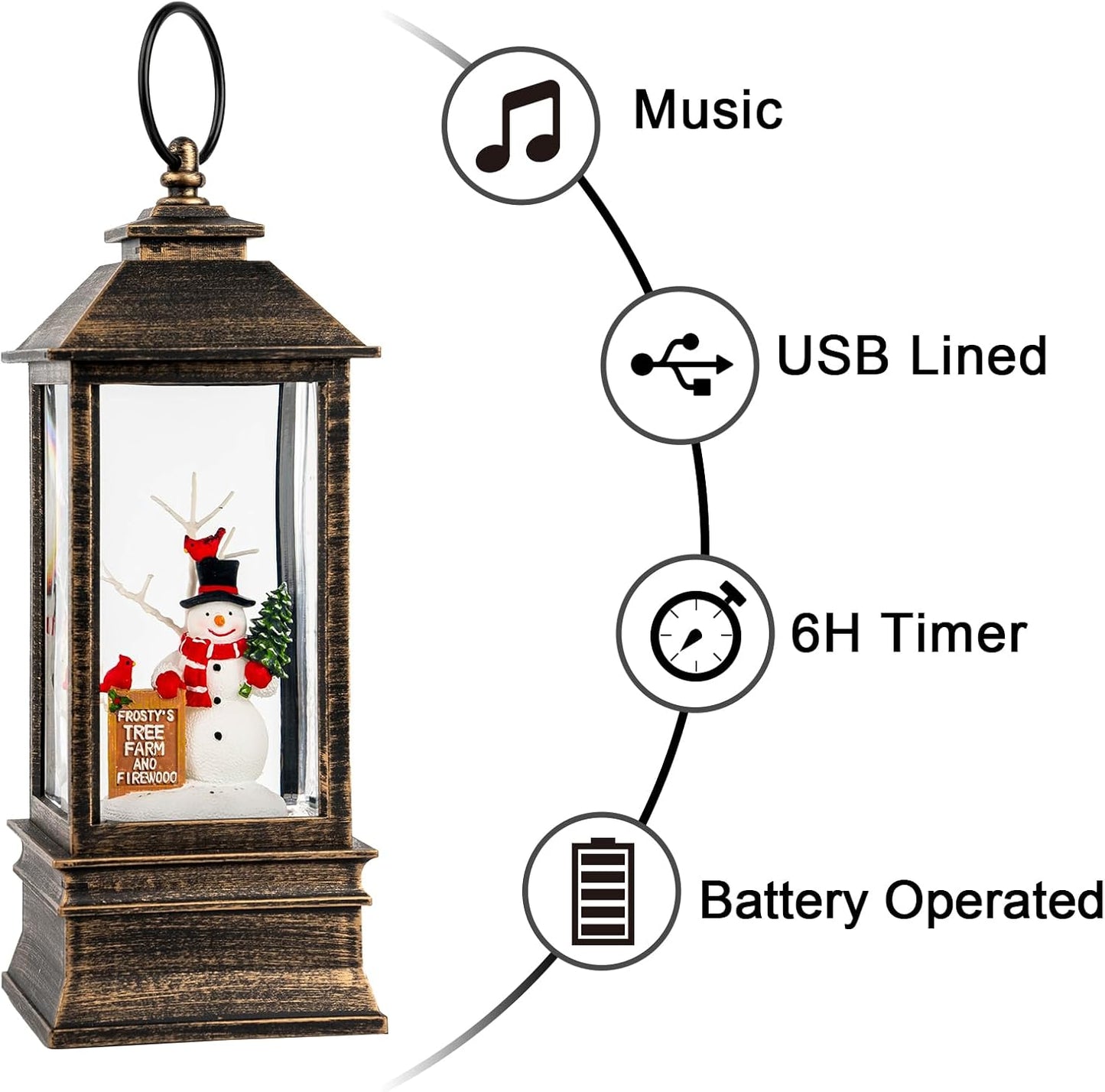 Christmas Snow Globe Water Glittering Farm Snowman with Music & Timer, USB Lined/Battery Operated Lighted Lantern for Christmas Festival Decoration Gifts