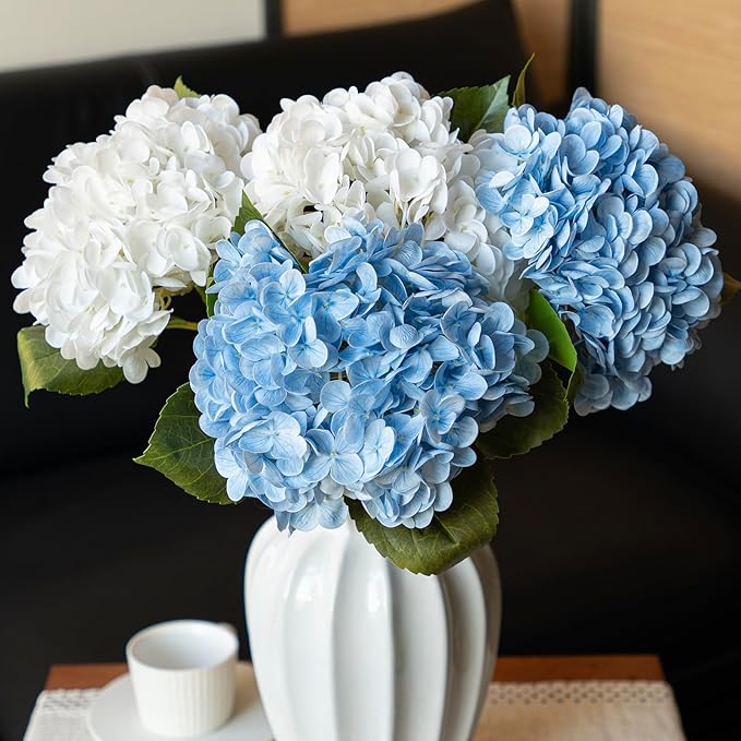 DUYONE 4PCS Artificial Flowers Large Hydrangeas Flowers Latex Bouquet for Wedding Bridal Office Home Party Decoration (2Pcs White+2Pcs Blue)