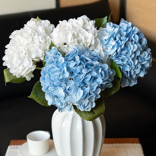 DUYONE 4PCS Artificial Flowers Large Hydrangeas Flowers Latex Bouquet for Wedding Bridal Office Home Party Decoration (2Pcs White+2Pcs Blue)