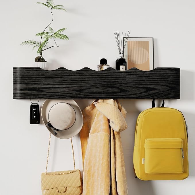 Coat Rack Wall Mount with Shelf 5 Hidden Hooks Modern Wooden Key Holder Entryway Organizer for Hallway Bedroom Bathroom Home Decor Storage for Hanging Coats Hats Bags Towels, Wave-Shape Black