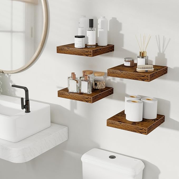 Fun Memories Floating Shelves for Wall, Rustic Wood Wall Mounted Shelves for Bathroom, Bedroom, Living Room and Kitchen, Storage & Home Decor (Set of 4, Brown, 9.3 in)