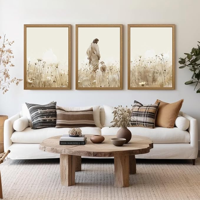Jesus Leaves the 99 Sheep Wall Art Christian Canvas Poster Jesus and Lamb Wall Decor Religious Pictures Lost Sheep Painting God Christ Painting Artwork for Bedroom Living Room 16x24x3 Inch Wood Framed