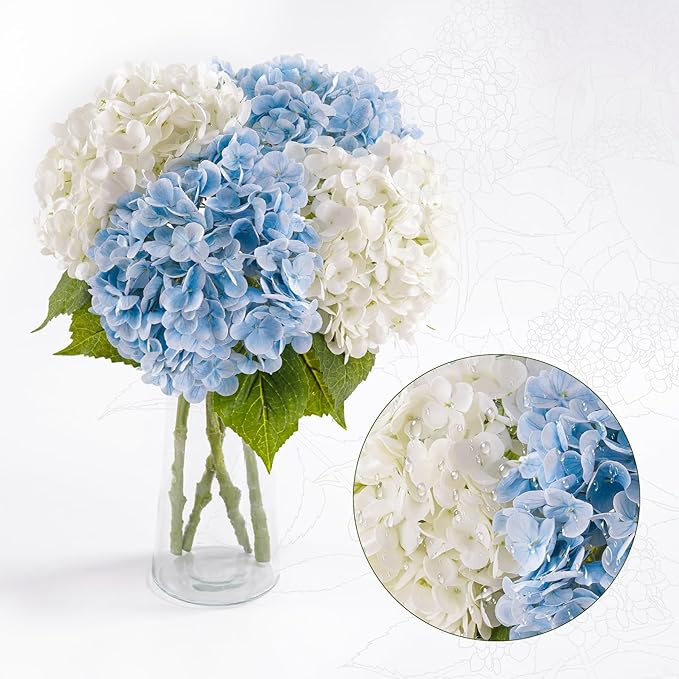 4 Pcs Hydrangea Artificial Flowers, 21'' Real Touch Latex Faux Hydrangeas,Fake Flowers Bouquets for Floral Arrangements Outdoor Wedding Kitchen Table Centerpiece Home Decoration（2White & 2Light Blue）