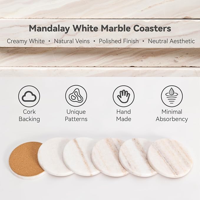 Cream White Marble Coasters Set of 6, Modern Neutral Drink Coaster for Coffee Table, 4" Round Polished Natural White Stone Coaster with Tan Veins – Heat Resistant, Non-Slip, Housewarming Gift