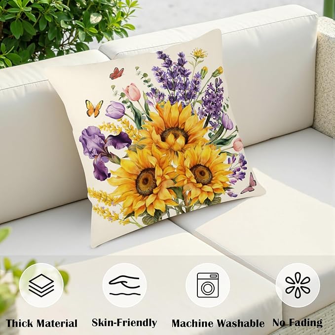 Sunflower Butterfly Throw Pillow Covers Tulip Iris Lavender Throw Pillow Covers Spring Summer Rustic Flower Pillow Cases 24x24 Rustic Floral Cushion Cases for Home Couch 2Pcs