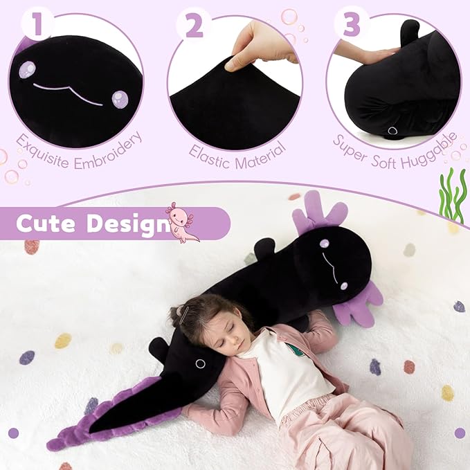 MaoGoLan 48" Giant Axolotl Plush Body Pillow, Large Black Axolotl Stuffed Animal Toy for Kid Girl Boy, Soft Salamander Plush Toy Glow in The Dark, Holiday Birthday Easter Baby Shower Decor Gift
