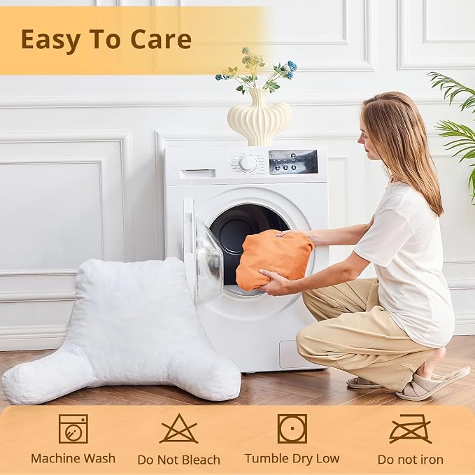 Sasttie Reading Pillow, Velvet Back Pillow for Bed Sitting Up, Adult Back-Rest Support Cushion with Arms for Sit Up on Couch, Sofa, and Floor, Dorm Essentials, Reading Accessories, Orange