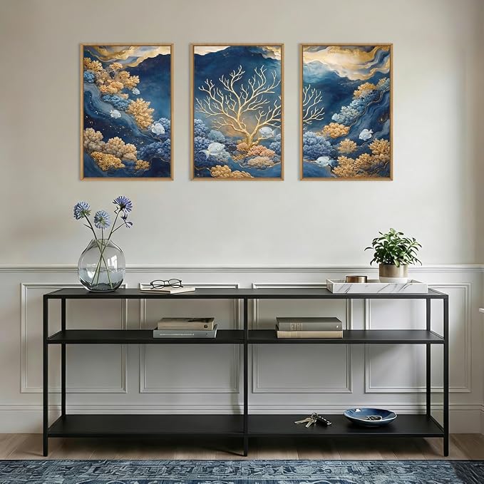 HPNIUB Blue Dreamy Underwater Framed Canvas Wall Art Set 24''×36''×3 | Modern Gold Coral Seascape Wall Decor Abstract Navy Ocean Marine Fish Artwork Living Room Bedroom Farmhouse Office