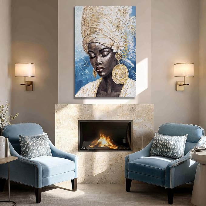 Dolidoteart Blue Gold Black Woman Wall Art, African American Canvas Print Wall Decor for Living Room Bedroom Office, Modern Portrait Artwork, 24x36 Inch