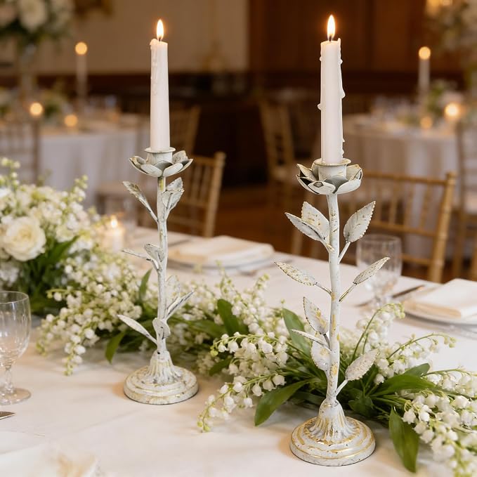 2-Piece Vintage Rose Taper Candle Holders, Distressed Distressed White & Gold Metal Candlestick Stands with Pink Floral Design, 12.2" Tall Rustic Farmhouse Tabletop Decor for Wedding, Dining & Home