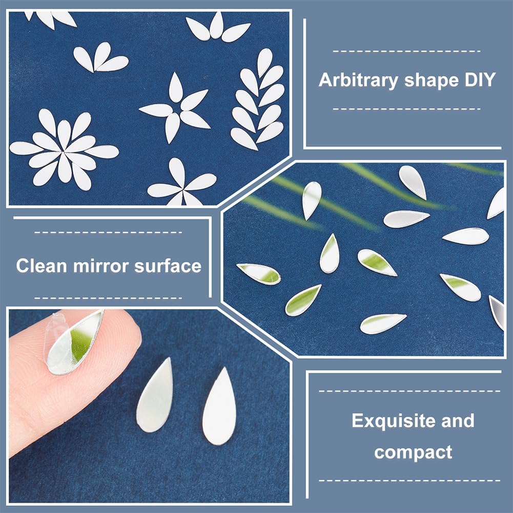 OLYCRAFT 300pcs Teardrop Craft Mirrors Mosaic Tiles 4.5x12mm Self-adhesive Teardrop Mosaic Tiles Mini Glass Mirror Tiles Teardrop Glass Tiles for DIY Crafts Art Wall Door Home Decorations